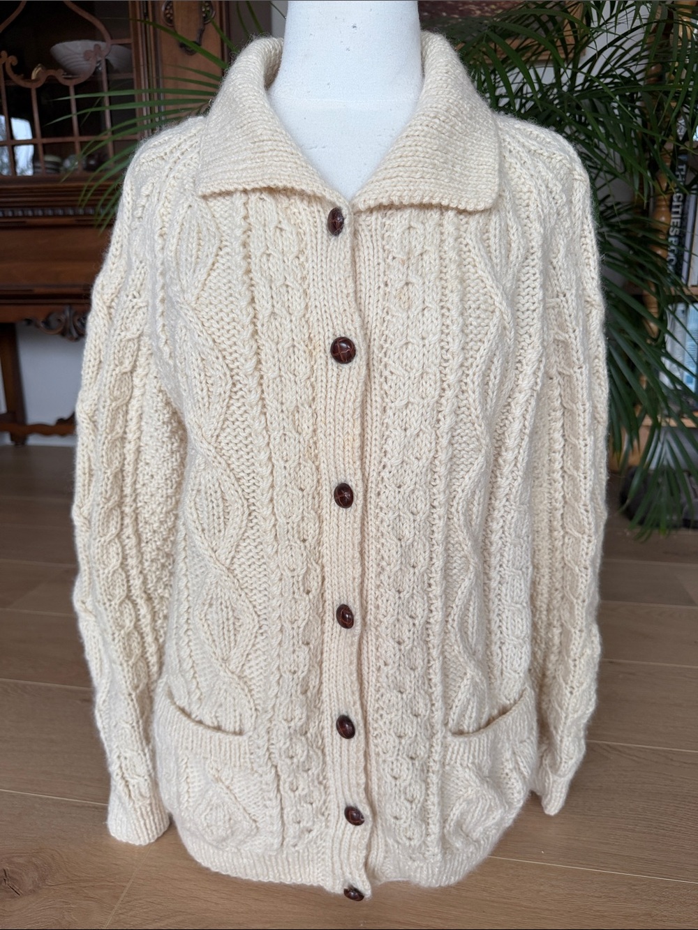 Aran Pure wool Cream Cable Knit Button-Up Cardigan sweater, handknit